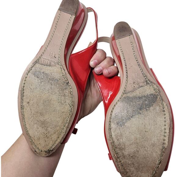 Prada 38 Red Patent Leather Sling Back Bow Sandal Peep Toe Classic Preppy - Picture 5 of 6